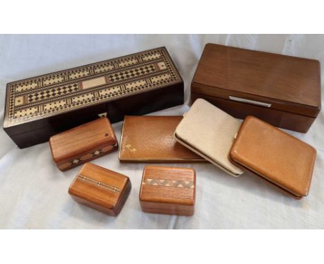 CARTON OF INLAID BOXES &amp; INLAID CRIBBAGE BOX WITH CARDS &amp; MARKERS