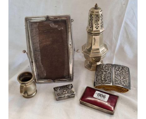 WHITE METAL SUGAR CASTER, NURSES BELT BUCKLE POSSIBLY SILVER, DECORATIVE METAL SNUFF BOX ,A PICTURE FRAME, A RED ENAMELED HAR