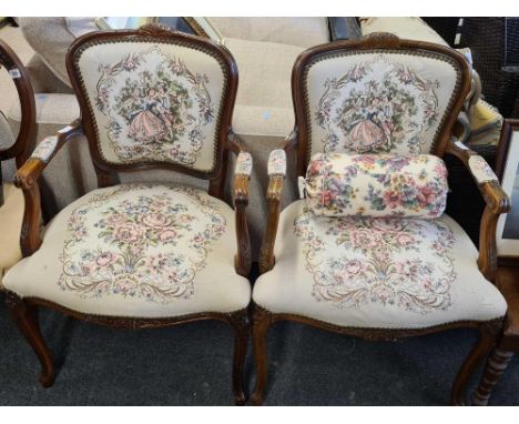 PAIR OF UPHOLSTERED REPRODUCTION TAPESTRY ELBOW CHAIRS