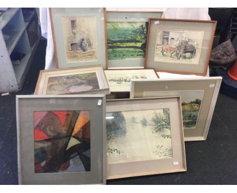 8 F/G WATERCOLOURS BY GWENDOLINE R JACKSON, 1 FRAMED OIL ON BOARD BY MARJORIE SPRAGUE