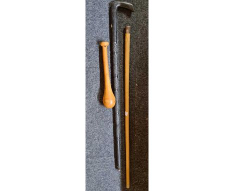 SILVER TOPPED WALKING CANE, CARVED WALKING STICK &amp; INDIAN CLUB