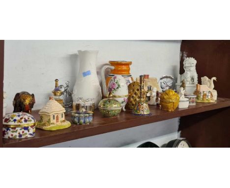 SHELF OF MINIATURE CHINAWARE CONSISTING OF BELLS, PILL BOXES ETC