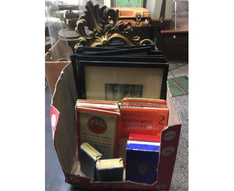 CARTON WITH ORDNANCE SURVEY MAPS, PLAYING CARD, F/G PICTURES &amp; A GILT FRAMED MIRROR A/F