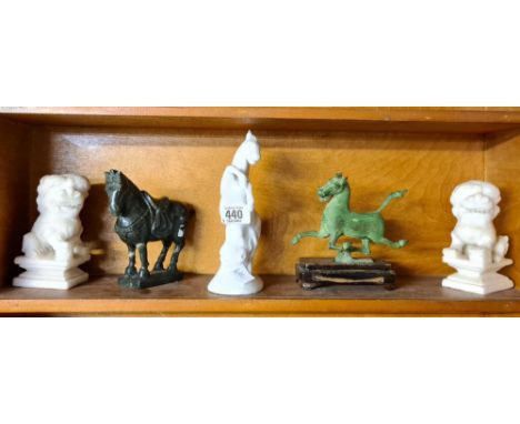 SHELF OF ORIENTAL DOGS OF FOO &amp; 3 HORSE FIGURES