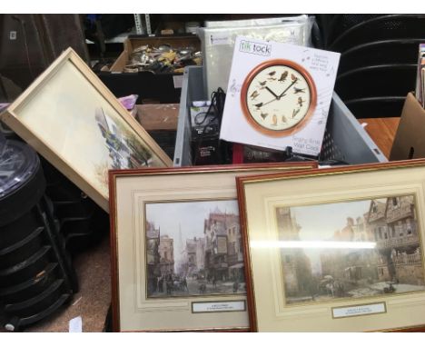CARTON WITH BLACK TELEPHONE, F/G PICTURES, RED DISPLAY CASES, A WALL CLOCK, TESCO PEN, KANGOL WATCH &amp; CAMERAS