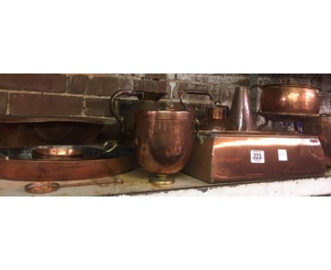 SHELF OF QUALITY VINTAGE TUPPER WARE INCL; GRADUATED JUGS, COPPER KETTLE, SPIRIT BURNER &amp; PAN &amp; TEA CADDY'S 