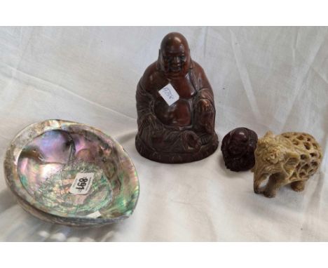 SHELF WITH M.O.P SHELL, CARVED ELEPHANT, WOODEN BUDDHA &amp; A BUDDHA NETSUKE WITH SIGNATURE