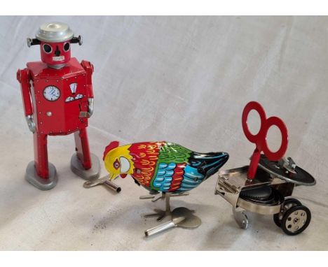 3 TIN PLATE WIND UP TOYS, THE ATOMIC ROBOT MAN, PECKY HEN &amp; 1 OTHER