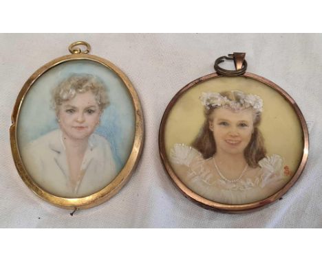 A CIRCULAR PORTRAIT MINIATURE OF A YOUNG LADY ''THE BRIDESMAID'' SIGNED WITH INITIALS AND DATED 1957, TOGETHER WITH AN OVAL P