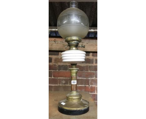 BRASS DUPLEX OIL LAMP WITH WHITE GLASS RESERVOIR &amp; ACID ETCHED SHADE &amp; CLEAR GLASS CHIMNEY