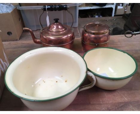 CARTON WITH 2 ENAMEL BOWLS, COPPER BISCUIT BARREL &amp; COPPER KETTLE 