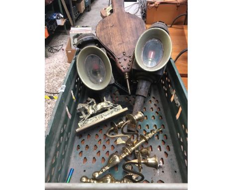 BRASS CANDLE STICK, 2 OLD CARRIAGE LAMPS, WOOD BELLOWS &amp; BRASS LETTER RACKS ETC