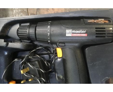 POWER MASTER CORDLESS DRILL, SANDER, JIGSAW, ALL CORDLESS IN A BLACK CARRY CASE