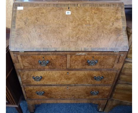 VINTAGE BURR WOOD BUREAU WITH BRASS DROP HANDLES A/F