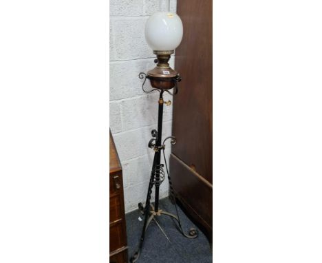 BRASS &amp; COPPER OIL LAMP ON WROUGHT IRON STAND