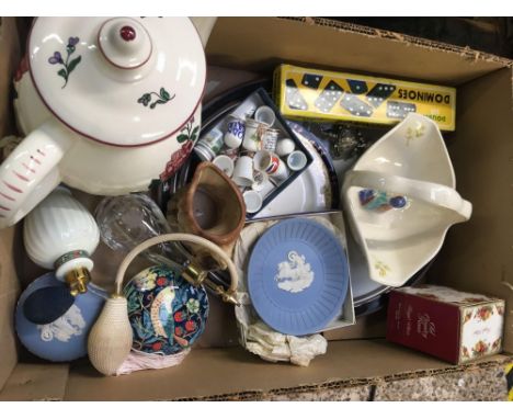 CARTON WITH DOMINO SET, THIMBLES, TEA POT, PLATES &amp; SMALL TRINKET BOXES 