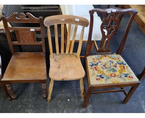 MAHOGANY CARVED CHAIR, STICK BACK PINE CHAIR &amp; A GOTHIC STYLE CARVED CHAIR