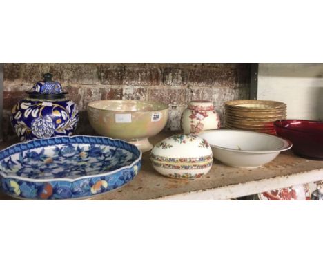 SHELF OF VARIOUS CHINA INCL; MASON GINGER JAR, FIELDING'S DEVON WARE PEARLINE FRUIT BOWL, A MELBA LIDDED JAR, SOUP PLATES &am