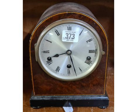 WOODEN ARCHED MANTLE CLOCK WITH ROMAN NUMERALS &amp; PENDULUM, LABEL WILLIAM BRUFORD, BRUFORD &amp; SON LTD OF EXETER