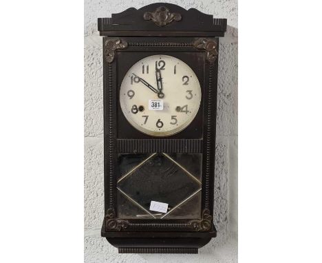 PERIOD WOODEN WALL CLOCK, ARABIC NUMERALS WITH KEY &amp; PENDULUM A/F