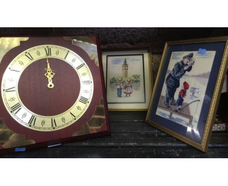 2 GILT FRAMED SMALL EMBROIDERED PICTURES OF POLICEMAN, CHRISTOPHER ROBIN &amp; ALICE IN LONDON &amp; A MODERN AVIA WALL CLOCK