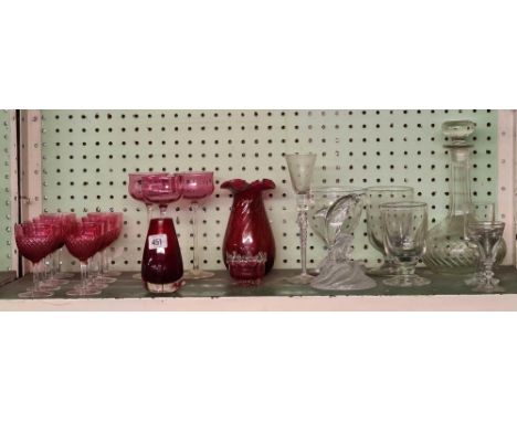 SHELF OF CRANBERRY GLASS, DECANTER &amp; STOPPER, OTHER GLASSWARE &amp; GLASS DOLPHIN ETC