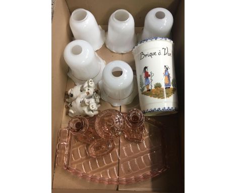 CARTON WITH PINK GLASS TABLE SET, LAMP SHADES, NOVELTY PIG ORNAMENT &amp; A WINE COOLER