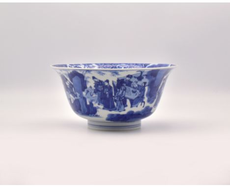 A GOOD CHINESE BLUE AND WHITE PORCELAIN ‘EIGHTEEN SCHOLARS’ BOWL, QING DYNASTY, KANGXI PERIOD, 1662 – 1722清 康熙 青花十八學士奕棋圖纹盌  大