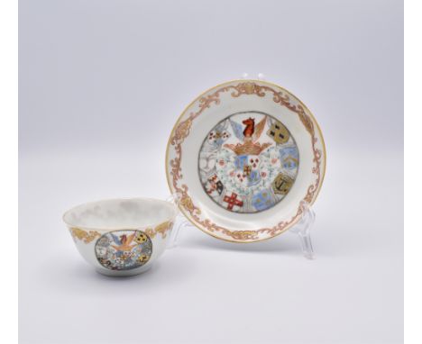 A CHINESE EXPORT ‘DUTCH-MARKET’ PORCELAIN ARMORIAL TEA BOWL AND SAUCER, QING DYNASTY, QIANLONG PERIOD, CIRCA 1745清 乾隆粉彩外销 纹章瓷