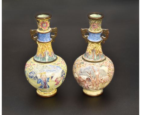 A NEAR PAIR OF CHINESE ENAMEL ‘EUROPEAN SUBJECT’ TWO-HANDLED VASES, QING DYNASTY清 《乾隆年製》款  銅胎畫琺琅西洋人物風景雙耳瓶一對Apocryphal four-ch