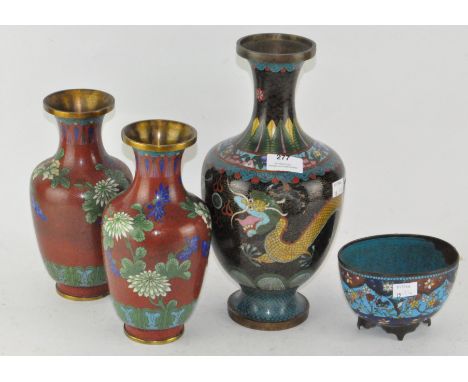 Four pieces of Oriental cloisonne enamel : a pair of vases, a larger vase and a dish, some (A/F), largest 32cm high