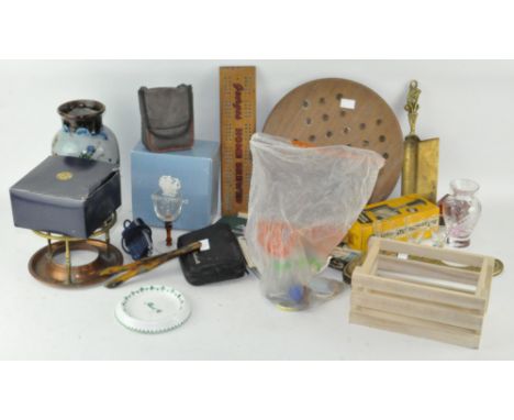 A selection of assorted items, including brass brush, hip flask, Bushnell binoculars, Caithness vase and more