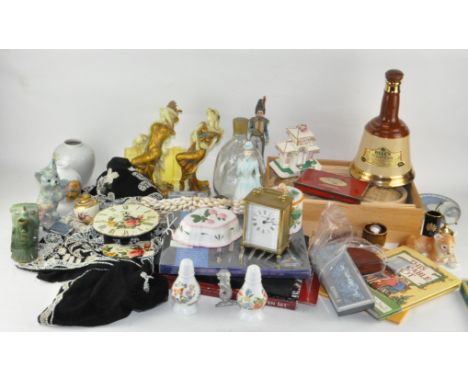 Assorted collectables, to include a Wade Bells whisky decanter, Quartz carriage clock, Coalport ceramic house and more