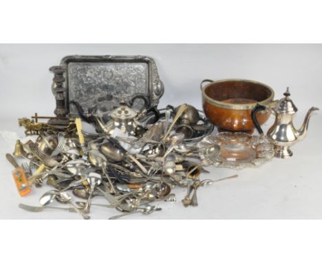 A large collection of silver plated wares, to include an oak bowl, single extending candlestick and lots of flatware