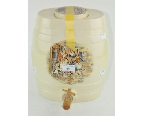 A Crown Devon 'Cries of London', ceramic barrel with wooden tap to front