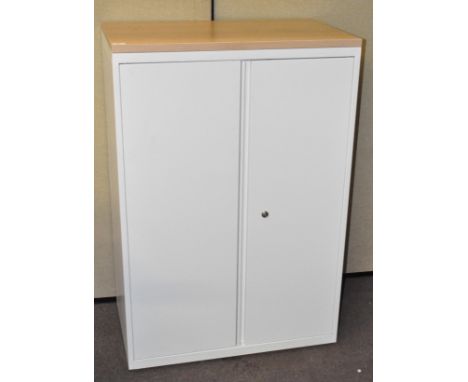 A modern metal storage cabinet with light wood top, the two doors opening to reveal two adjustable shelves, 117cm x 80cm x 37