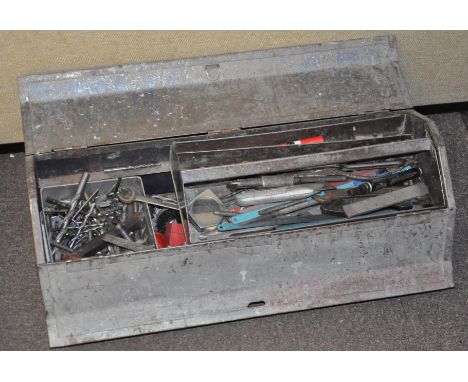 A heavy tool box with contents, of which includes drill bits, spanner and much more