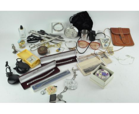 Assorted collectables, in two boxes, including a pewter hip flask, alcohol measuring cup and more