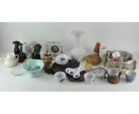 Assorted collectables, to include two ceramic clocks, a Russian doll, a Ronson table lighter and more