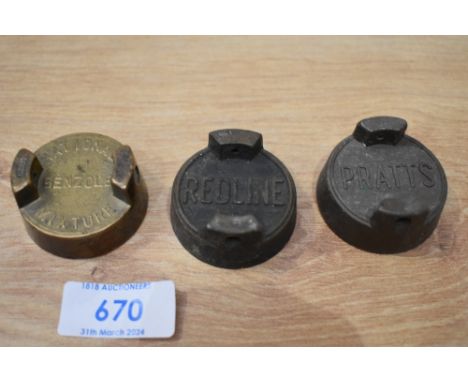 Three vintage petrol can caps, National Benzole Mixture, Redline, and Pratts