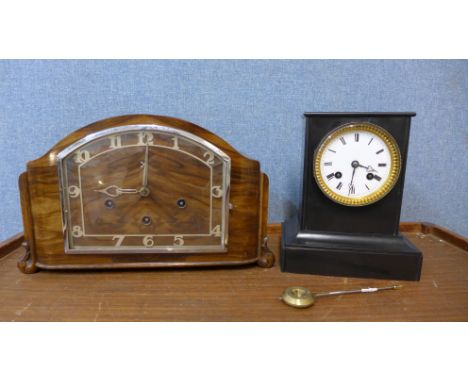 A 19th Century French Belge noir mantel clock and an Art Deco walnut mantel clock 