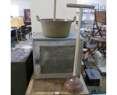 A vintage meat safe, a brass jam pan and two ponches 