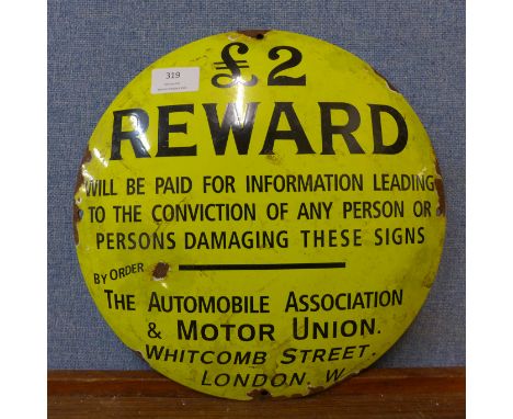 An enamelled Automobile Association &amp; Motor Union circular sign 
