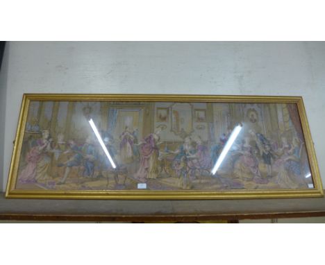 A framed tapestry, depicting an 18th Century interior scene 