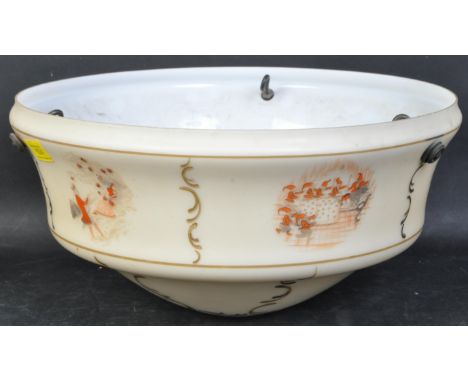 A vintage Art Deco style hanging ceiling light. Of circular form with gilt detailing hand painted decoration of a King &amp; 