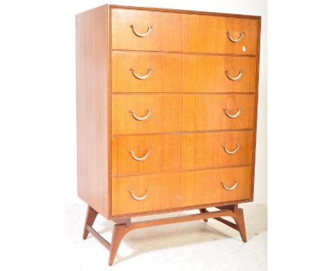 A vintage retro mid 20th Century Meredew chest of drawers. The chest having a bank of four drawers having brass curved handle