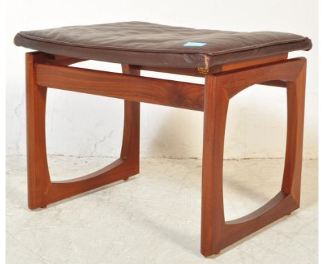G Plan - Quadrille - A retro vintage mid 20th Century dark teak stool. Rectangular form with leather cushioned top on quadril