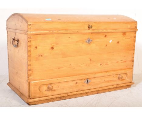 A 19th Century Victorian vintage pine dome top mule chest trunk. Rectangular form with hinged dome to lid opening to reveal a