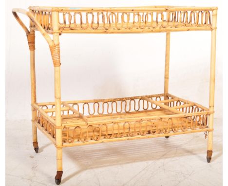 A retro vintage 20th century bamboo &amp; wicker two tier drinks &amp; serving trolley in the mannerly of Franco Albini havin