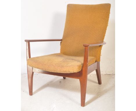 A pair of retro vintage mid 20th century teak framed Parker Knoll upholstered armchairs. The armchairs having padded upholste